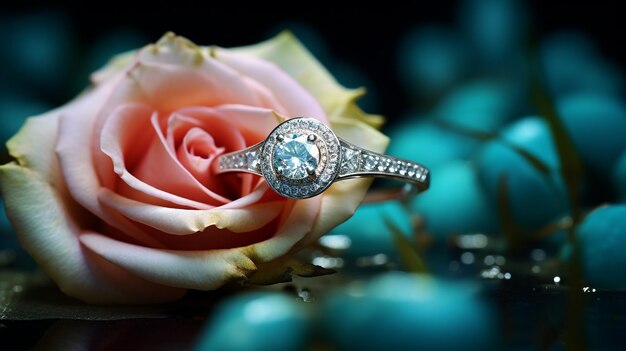 Foto fotografar um elegante anel de noivado com um radiante turquesa aninhado em um leito de rosas
