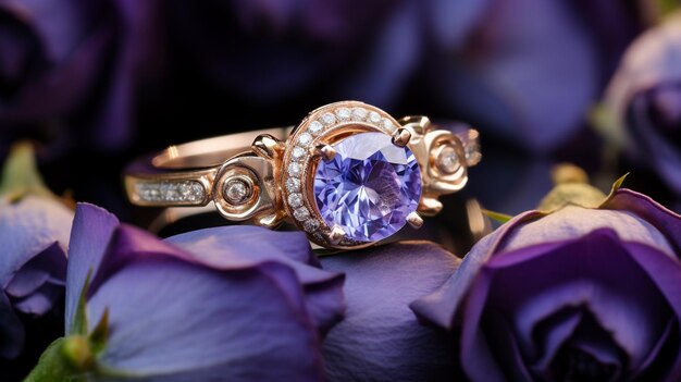 Foto fotografar um elegante anel de noivado com uma tanzanita radiante aninhada num leito de rosas