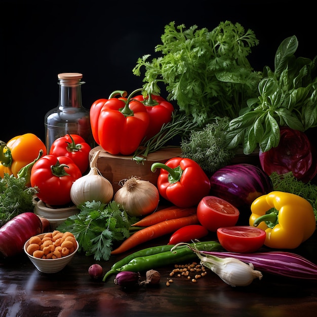 Fotografe as cores vibrantes dos ingredientes frescos na cozinha