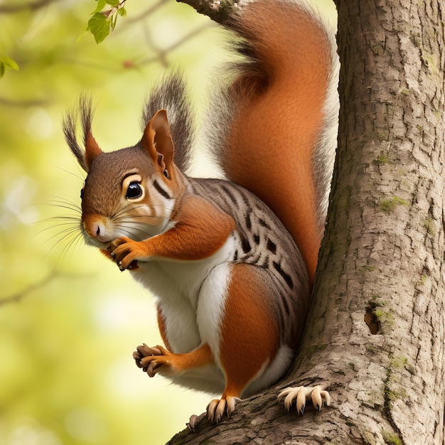 Fotografe o esquilo inteligente empoleirado em um galho de árvore parecendo travesso gerado por IA