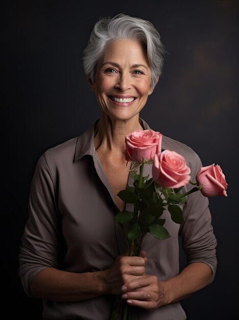 Fotografe o retrato de uma mulher segurando um buquê de rosas