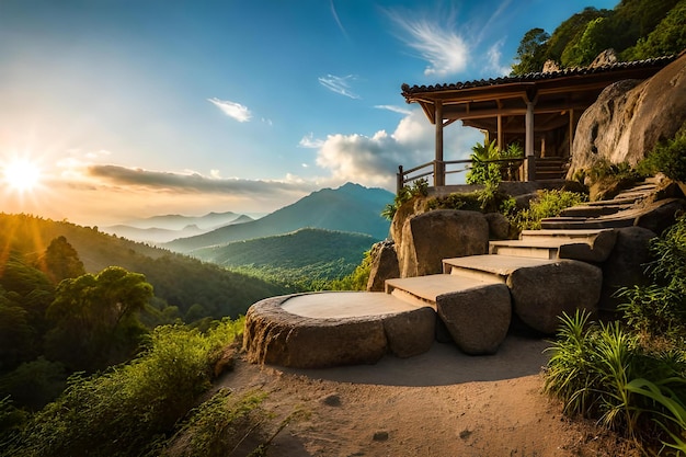 Fotografe um caminho de pedra com um pôr do sol ao fundo