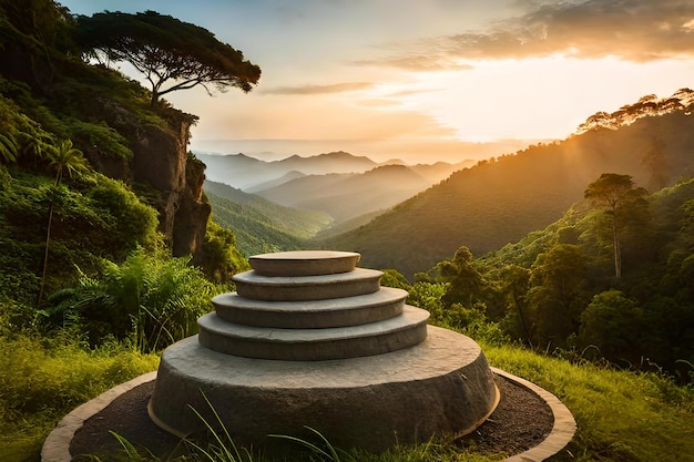 Fotografe um caminho de pedra com um pôr do sol ao fundo