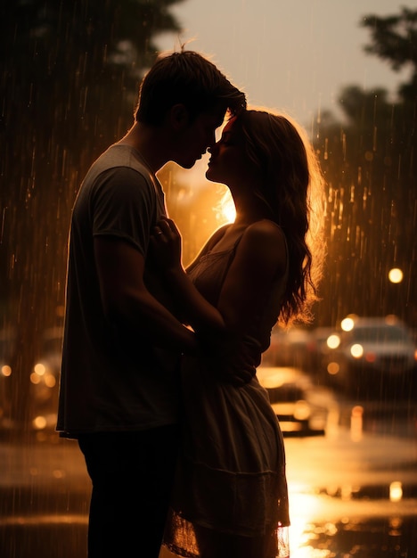 Fotografe um casal romântico se beijando sob a chuva no formato de retrato da hora dourada