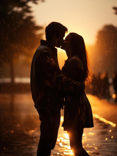 Fotografe um casal romântico se beijando sob a chuva no formato de retrato da hora dourada