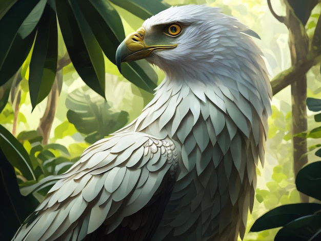 Fotografe um close-up de águia branca selvagem filmado na selva verde escura com uma aparência natural