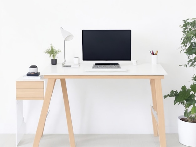 Fotografe um laptop em uma mesa branca com uma xícara de café e uma caneta