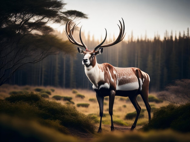Fotografe um lindo animal caribu em pé na frente de uma floresta verde capturada com uma câmera DSLR