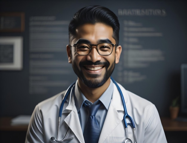 Fotografe um médico usando óculos e um casaco parado em um hospital no Dia do Médico com IA generativa