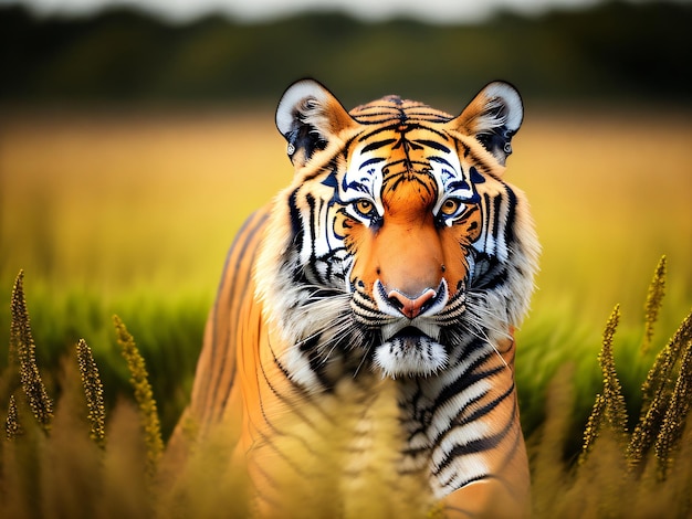 Fotografe um tigre em um campo com fundo de selva e montanhas com câmera DSLR
