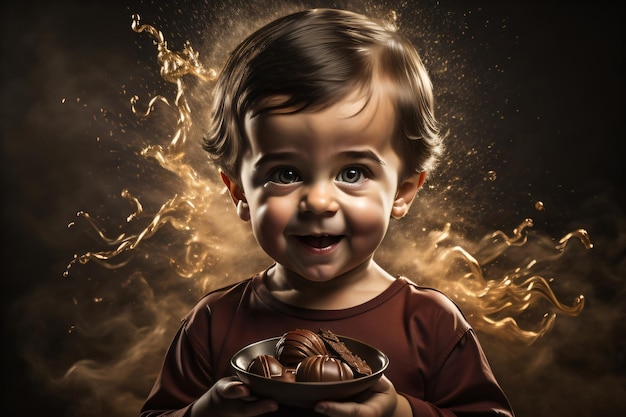Fotografe uma criança fofa segurando chocolate no dia do chocolate generativo ai