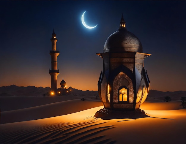 Fotografe uma lanterna árabe e uma mesquita na IA generativa da cena noturna do deserto