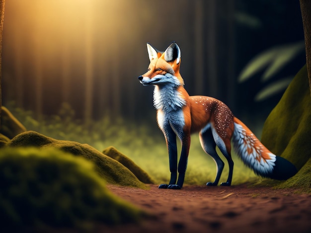Fotografe uma linda raposa parada em uma floresta verde capturada com uma câmera DSLR