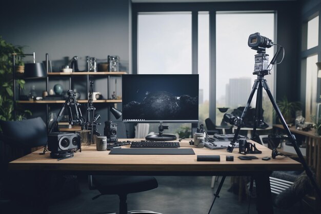 Fotografenarbeitsplatz mit Laptop und Kameraausrüstung auf dem Tisch im Fotostudio