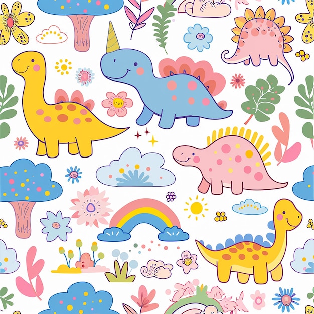 Fotografía 3D de diseño de kawaii con dinosaurios nubes flores árboles arco iris y dinosaurios