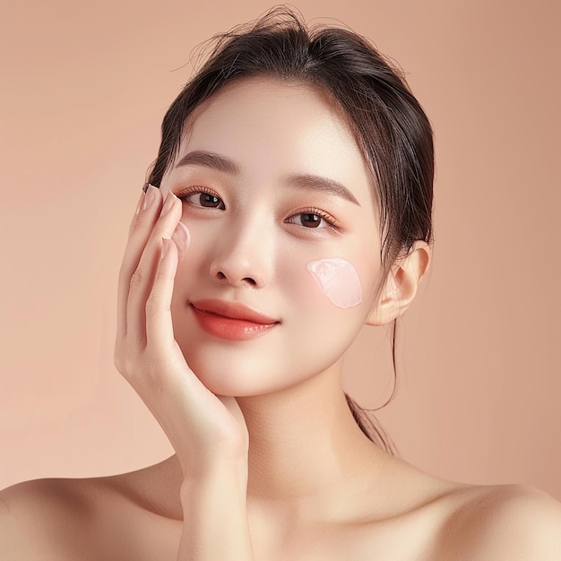 Fotografía 3D de una mujer tocando su cara aislada en el fondo Cosméticos de belleza Tratamiento facial