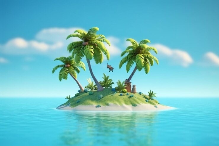 Foto fotografía 3d de renderización baja de la aventura de la isla poligonal concepto de relajación