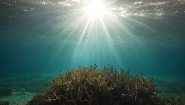 Fotografia A luz do sol brilhando através do nível do mar e chegando debaixo d'água