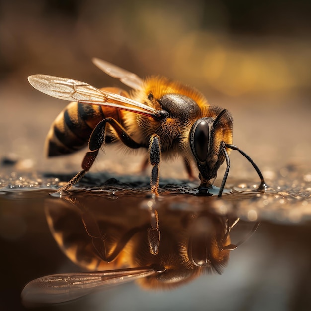 Fotografía de abeja Una abeja está bebiendo agua de un charco generativo ai
