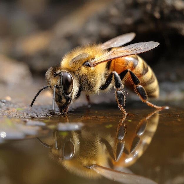 Fotografía de abeja Una abeja está bebiendo agua de un charco generativo ai