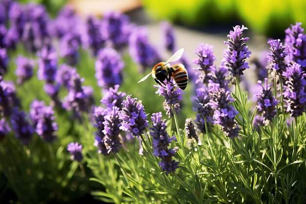 Fotografía de un abejorro polinizando un racimo de lavanda