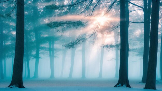 Una fotografía abstracta de un bosque con un banco en la nieve AI generativo