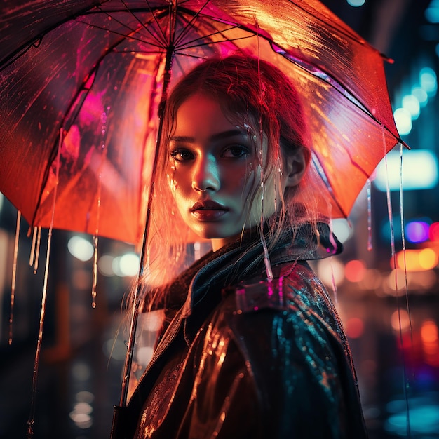 Fotografia abstrata retrato de uma menina com um guarda-chuva noite chuvosa no estilo da cidade
