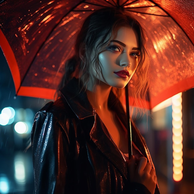 Fotografia abstrata retrato de uma menina com um guarda-chuva noite chuvosa no estilo da cidade