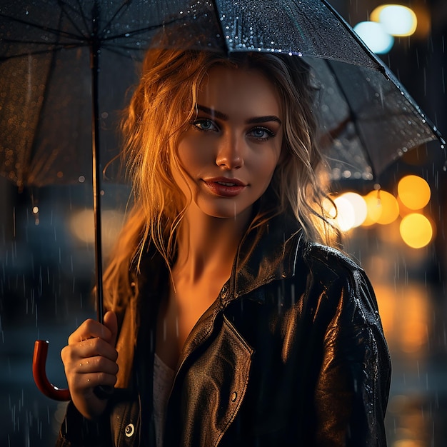 Fotografia abstrata retrato de uma menina com um guarda-chuva noite chuvosa no estilo da cidade