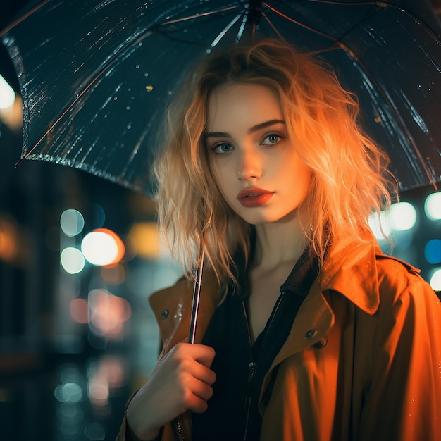 Fotografia abstrata retrato de uma menina com um guarda-chuva noite chuvosa no estilo da cidade