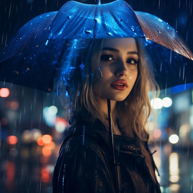 Fotografia abstrata retrato de uma menina com um guarda-chuva noite chuvosa no estilo da cidade