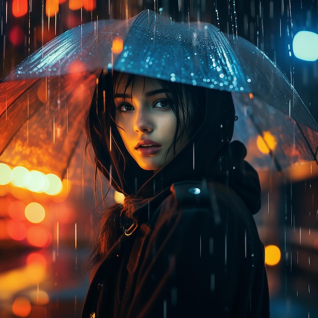 Fotografia abstrata retrato de uma menina com um guarda-chuva noite chuvosa no estilo da cidade