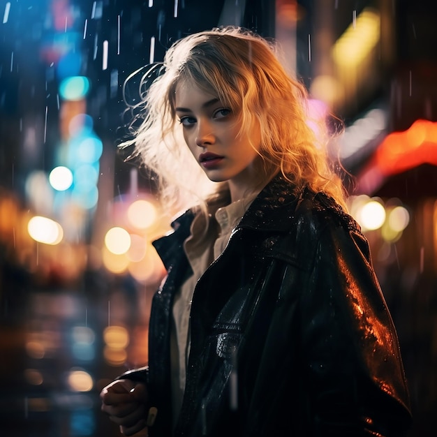 Fotografia abstrata retrato de uma menina com um guarda-chuva noite chuvosa no estilo da cidade