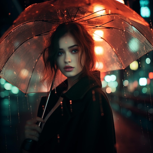 Fotografia abstrata retrato de uma menina com um guarda-chuva noite chuvosa no estilo da cidade