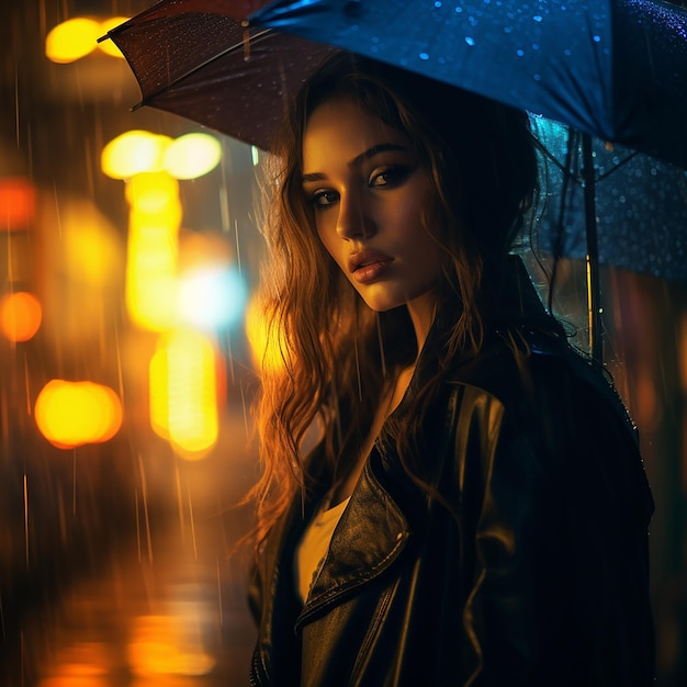 Foto fotografia abstrata retrato de uma menina com um guarda-chuva noite chuvosa no estilo da cidade