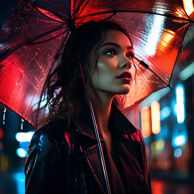 Fotografia abstrata retrato de uma menina com um guarda-chuva noite chuvosa no estilo da cidade