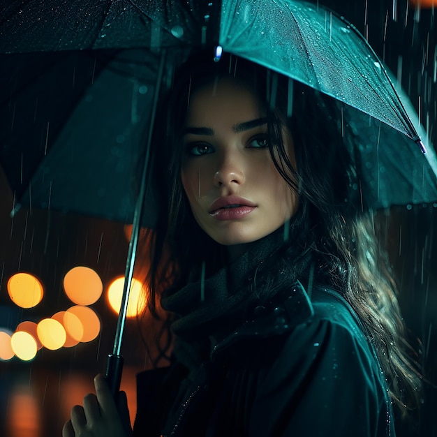 Fotografia abstrata retrato de uma menina com um guarda-chuva noite chuvosa no estilo da cidade