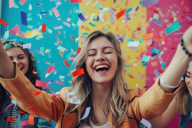 Fotografía de acción de una joven blanca celebrando el Día Internacional de la Mujer con amigas y cinta adhesiva