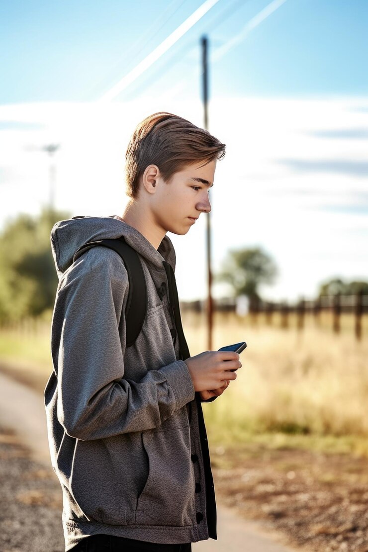 Fotografía de un adolescente de pie solo y usando su teléfono celular afuera