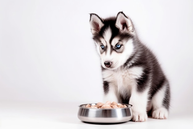 Fotografía de un adorable cachorro de husky siberiano comiendo comida de un cuenco aislado en un espacio de copia blanco