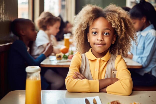 Fotografía de una adorable estudiante sentada con sus amigas en el almuerzo creada con IA generativa