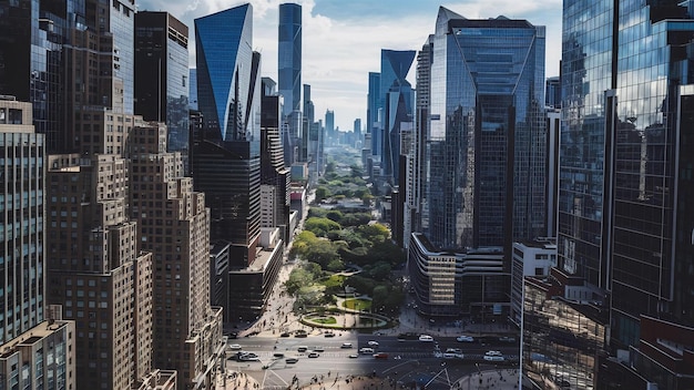 Fotografía aérea de la arquitectura moderna con rascacielos en una ciudad urbana