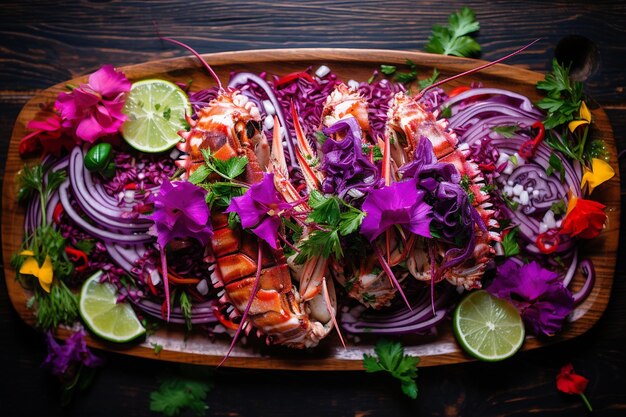 Foto fotografía aérea de una bandeja de campechana de estilo mexicano con mariscos