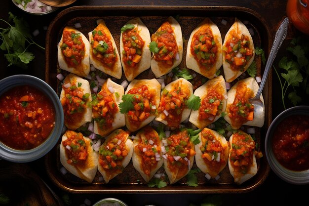 Fotografía aérea de una bandeja de tacos de patatas al estilo mexicano con salsa