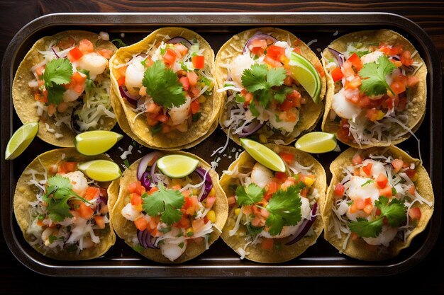 Fotografía aérea de una bandeja de tostadas de mariscos de estilo mexicano con aguacate