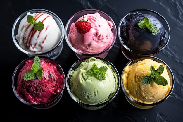 Fotografía aérea de una barra de postres en una barbacoa de verano con helado y ingredientes