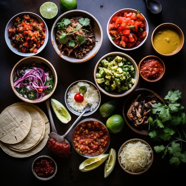 Fotografía aérea de una barra de tacos con varios ingredientes