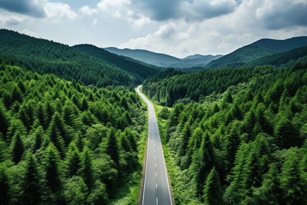 Fotografía aérea Bosque verde y camino asfaltado Vista superior Camino forestal a través del bosque Listo para una aventura en automóvil ambiente ecológico ambiente saludable viaje por carretera