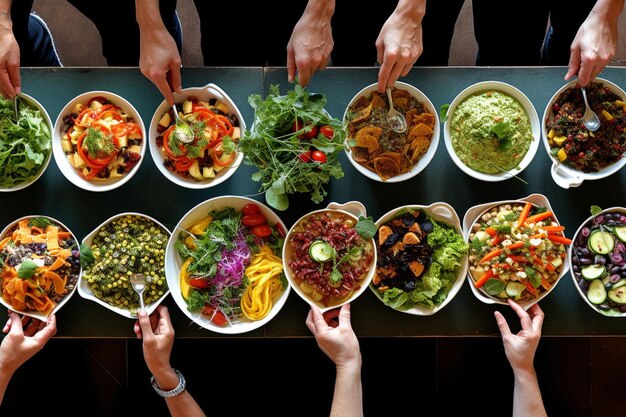 Foto fotografía aérea de un buffet de ensalada en un evento de catering con personas que se sirven a sí mismas