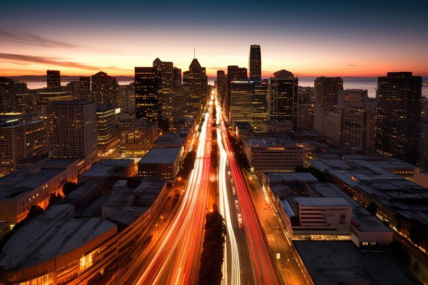 Fotografía aérea de calles en la ciudad de noche.